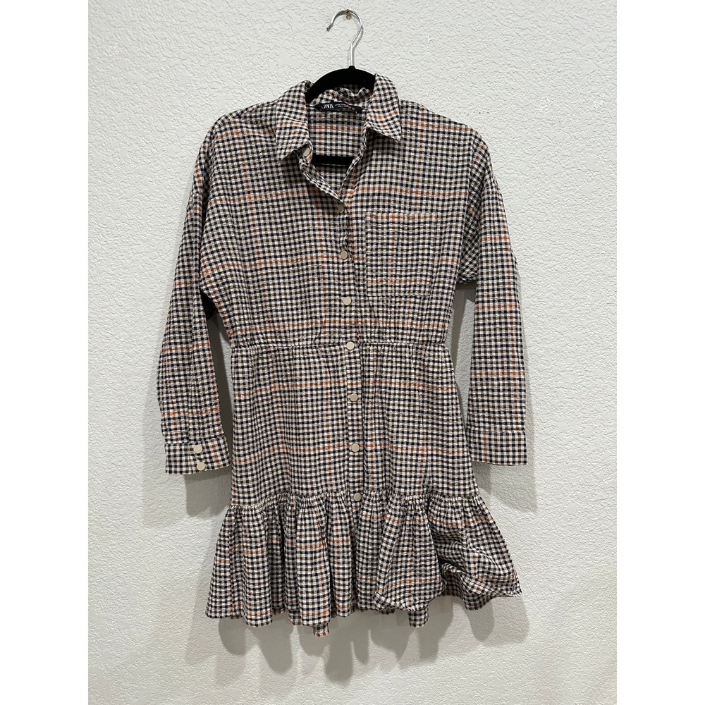 Zara Women XS Plaid Button Down Mini Dress Long Sleeve Ruffle Hem Cotton Gingham